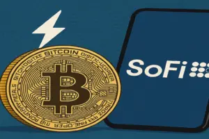 Bitcoin cryptocurrency visual next to SoFi app logo, symbolising fintech and crypto integration in digital finance.
