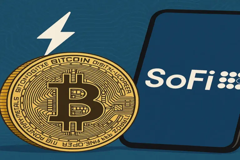 Bitcoin cryptocurrency visual next to SoFi app logo, symbolising fintech and crypto integration in digital finance.