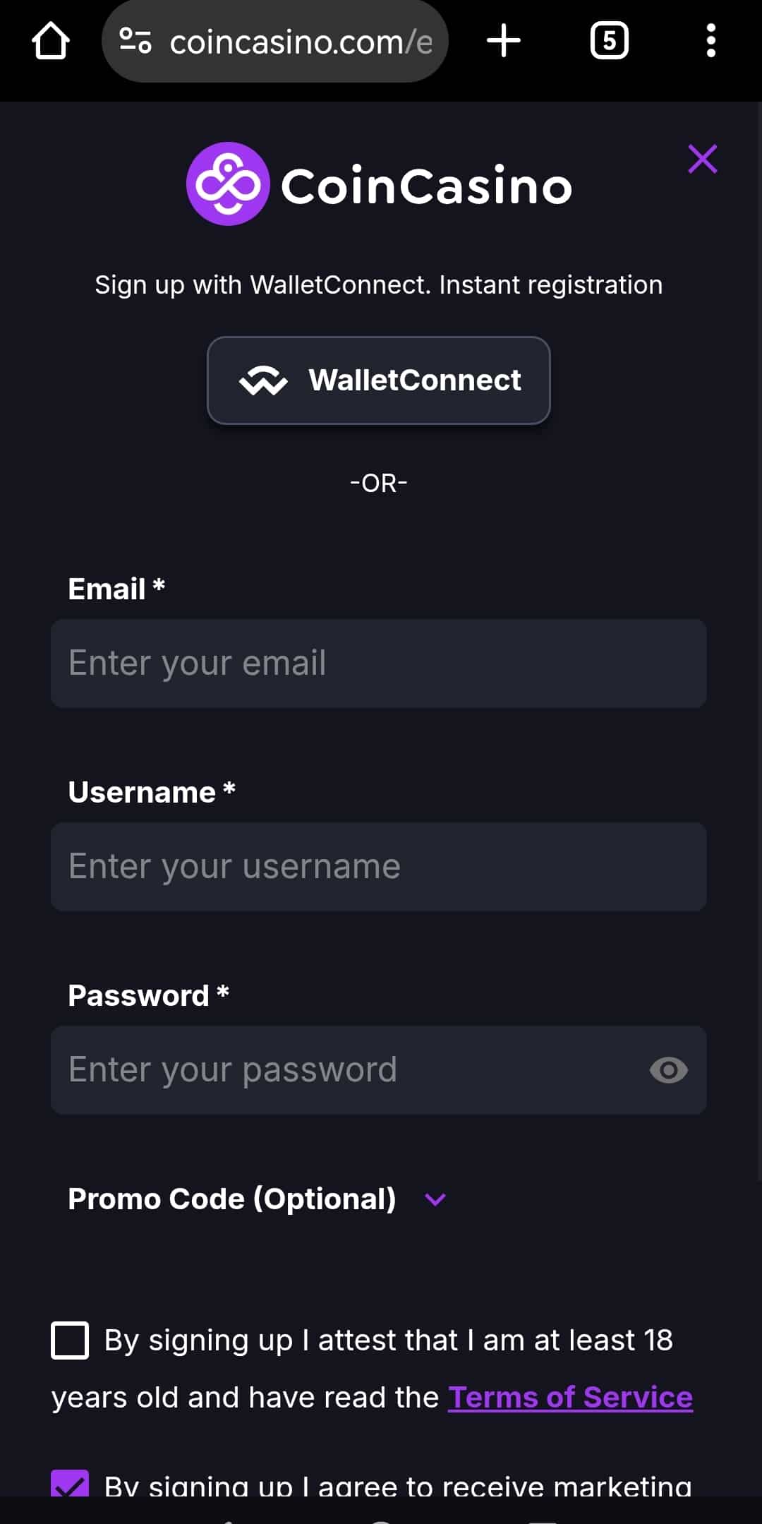 Register an Account coincasino