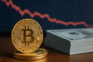 Bitcoin coin with falling stock chart and dollar bills, representing Metaplanet's BTC acquisition and share price struggles.