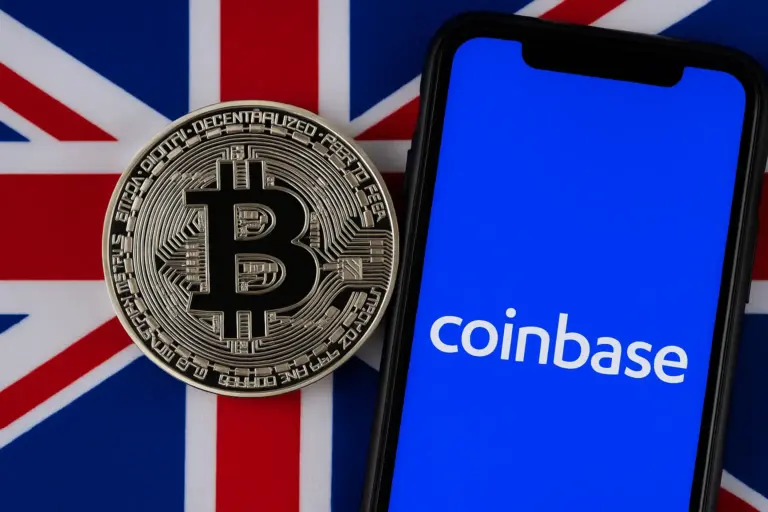 Bitcoin coin and Coinbase app displayed against UK flag, reflecting blockchain and stablecoin momentum in the United Kingdom