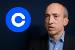 Gary Gensler and Coinbase logo symbolizing SEC controversy over deleted crypto-related texts during key regulatory decisions