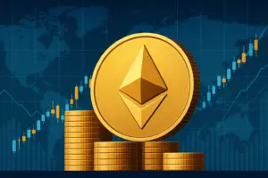 Ethereum coin with financial charts in background, symbolizing its rising role in stablecoins, tokenization, and DeFi growth.