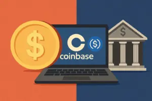 Digital illustration showing Coinbase, stablecoins, and traditional banks highlighting crypto’s role in modern finance.
