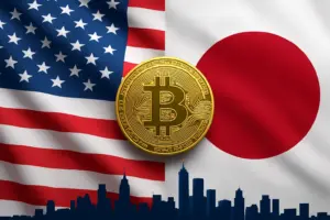 Bitcoin expansion in Japan and U.S. symbolized by flags and coin, highlighting Metaplanet’s global crypto strategy