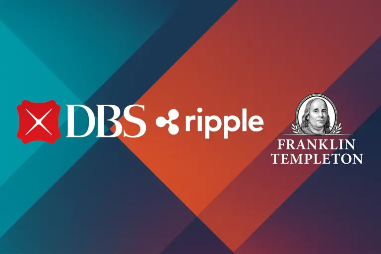 Logos of DBS Bank, Ripple, and Franklin Templeton representing their partnership for tokenized trading on the XRP Ledger.