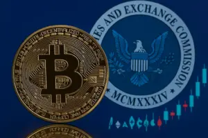 Bitcoin coin in front of the SEC seal, symbolizing crypto ETF approval and Grayscale's GDLC fund launch in the U.S. market.