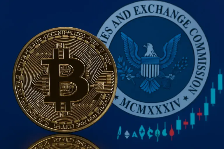 Bitcoin coin in front of the SEC seal, symbolizing crypto ETF approval and Grayscale's GDLC fund launch in the U.S. market.