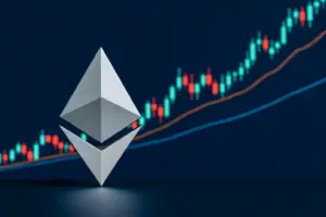 Ethereum logo in front of a blockchain chart reflecting Fusaka upgrade's impact on Layer 2 scalability and network fees.