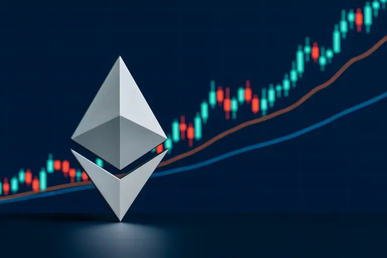 Ethereum logo in front of a blockchain chart reflecting Fusaka upgrade's impact on Layer 2 scalability and network fees.