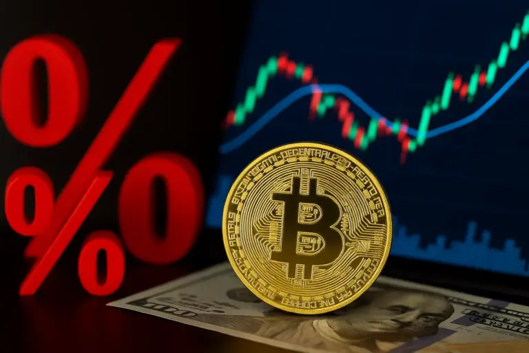 Bitcoin coin on US dollar with stock chart background after Fed rate cut showing crypto inflows and market reaction.