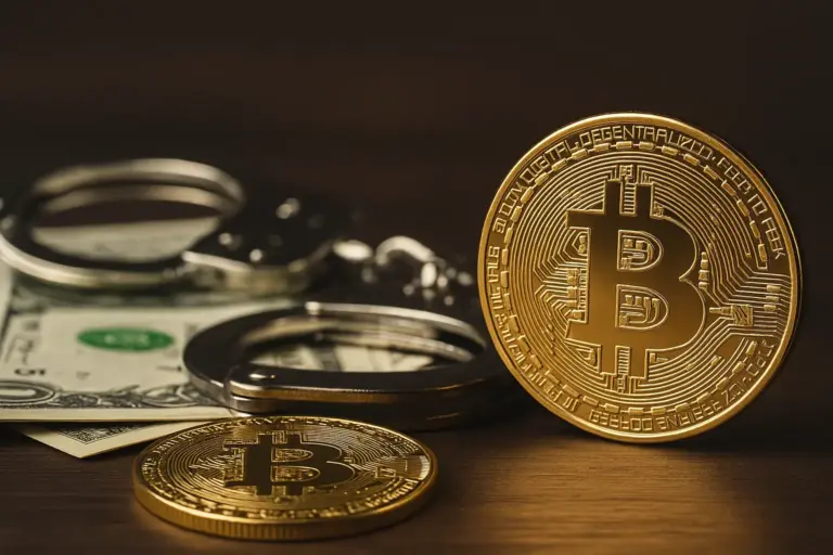Bitcoin coin with handcuffs and dollar bills on a wooden table, symbolizing crypto scam arrests and money laundering tactics.