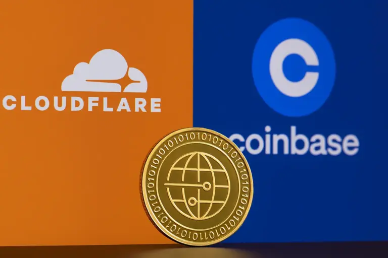 Cloudflare and Coinbase logos with cryptocurrency coin, representing x402 protocol launch for AI-powered online payments.