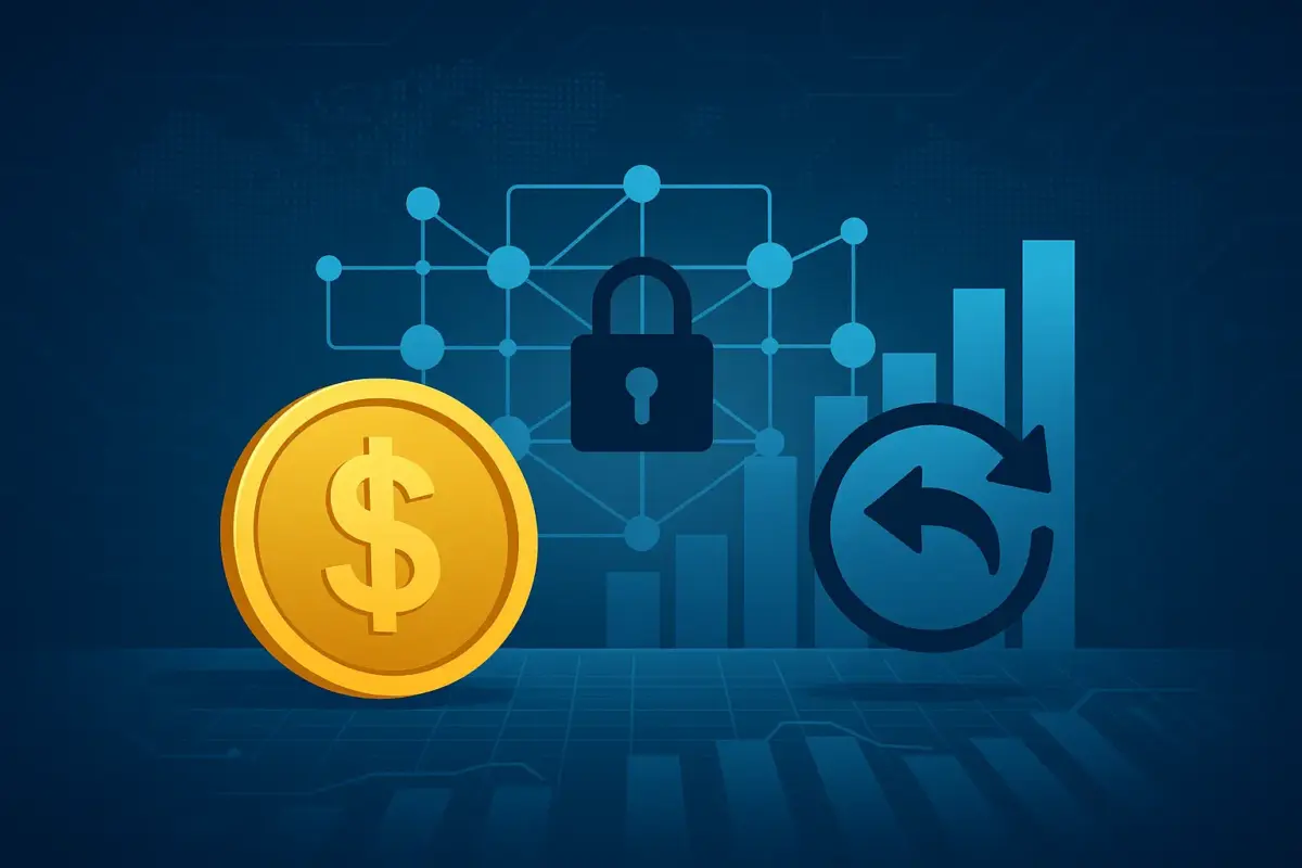 Digital illustration of Circle’s Arc blockchain with stablecoins, privacy features, and reversible transactions concept.