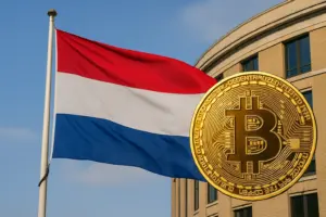 Bitcoin and Netherlands flag in front of Dutch central bank, reflecting crypto regulation changes under MiCA and OKX fine news.