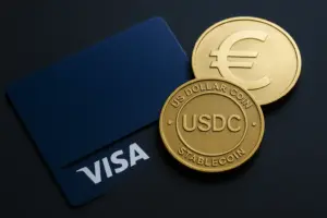 Visa card with stablecoins USDC and EURC, symbolizing Visa Direct’s stablecoin pilot for faster cross-border payments.