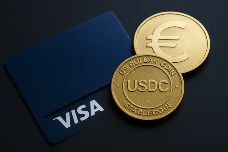 Visa card with stablecoins USDC and EURC, symbolizing Visa Direct’s stablecoin pilot for faster cross-border payments.