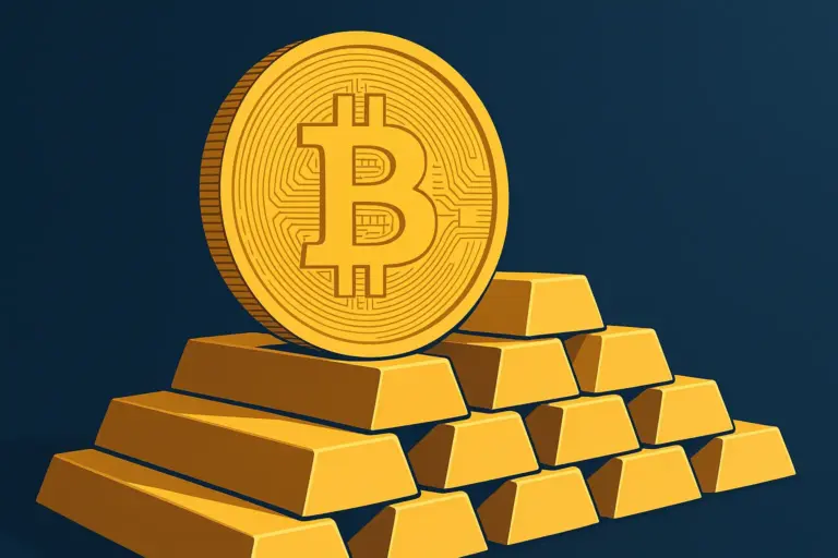 Bitcoin reserves concept with a golden Bitcoin and stacked gold bars, symbolising corporate crypto treasury growth