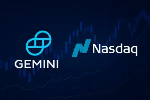 Gemini crypto exchange and Nasdaq logos with trading charts ahead of Gemini’s IPO and Nasdaq’s $50M strategic investment.