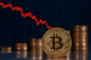 Gold Bitcoin coin stands in front of a red downward stock chart, symbolizing Metaplanet’s market decline and crypto volatility.