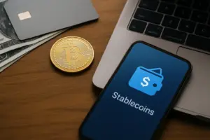 A laptop and smartphone displaying stablecoin payments, symbolizing Stripe, Visa, and OwlTing’s blockchain finance expansion.