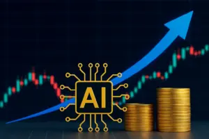 AI and blockchain growth symbolized by rising chart, digital coin stacks, and tech design showing OpenAI and Tether market surge.