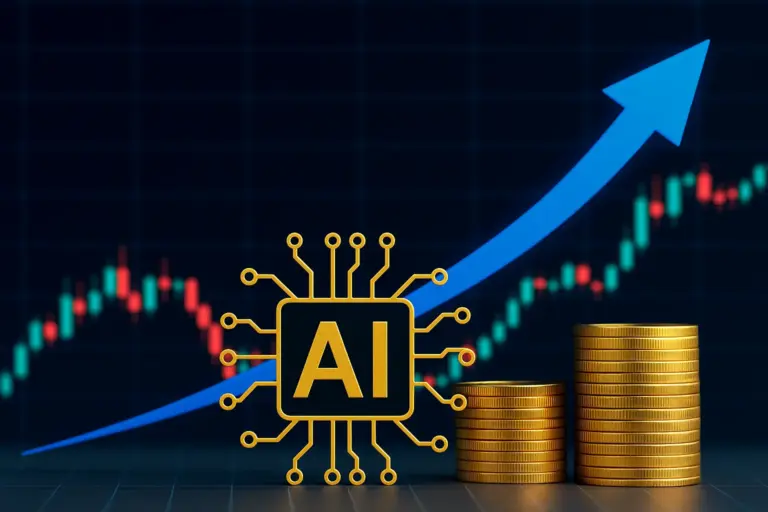 AI and blockchain growth symbolized by rising chart, digital coin stacks, and tech design showing OpenAI and Tether market surge.