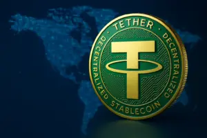 Tether USDT coin symbol with world map background showing global stablecoin adoption and financial inclusion growth.