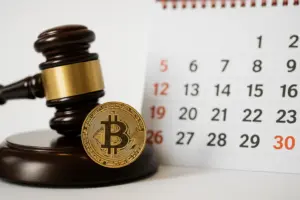Gavel beside Bitcoin coin and calendar symbolizing Mt. Gox repayment delay and legal hurdles in cryptocurrency recovery.
