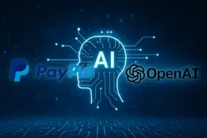 Futuristic digital art showing PayPal and OpenAI collaboration symbolizing AI-driven payment integration in ChatGPT.