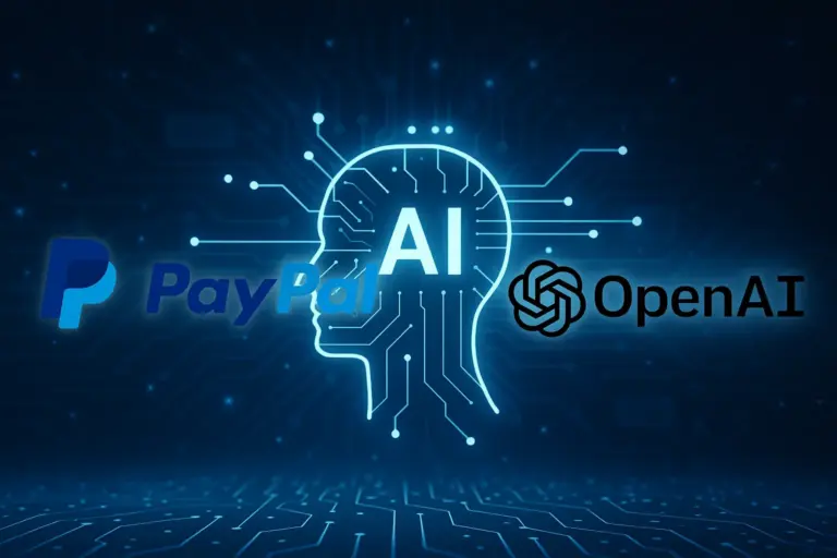 Futuristic digital art showing PayPal and OpenAI collaboration symbolizing AI-driven payment integration in ChatGPT.
