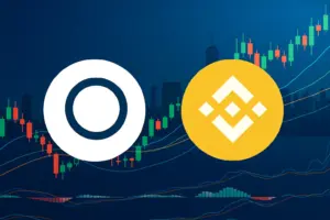 Digital illustration showing Ondo Global Markets and BNB Chain partnership with blockchain and stock market visuals.