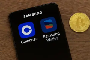 Samsung Galaxy phone showing Coinbase and Samsung Wallet apps beside a Bitcoin coin, symbolizing crypto access for Galaxy users.