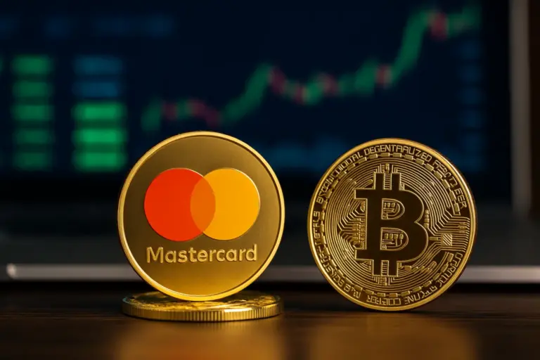 Gold Mastercard and Bitcoin coins symbolizing Mastercard’s growing interest in blockchain and stablecoin technology.