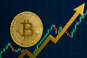 Golden Bitcoin coin rises against financial chart showing strong crypto gains and bullish market trend.