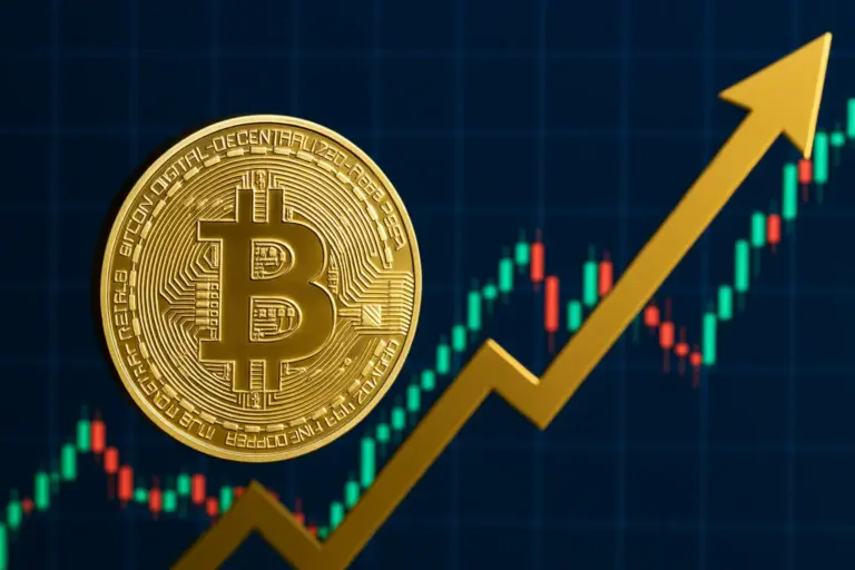 Golden Bitcoin coin rises against financial chart showing strong crypto gains and bullish market trend.