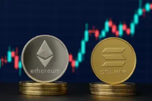 Ethereum and Solana coins displayed on a trading desk with crypto charts, symbolizing Grayscale’s new staking ETFs.