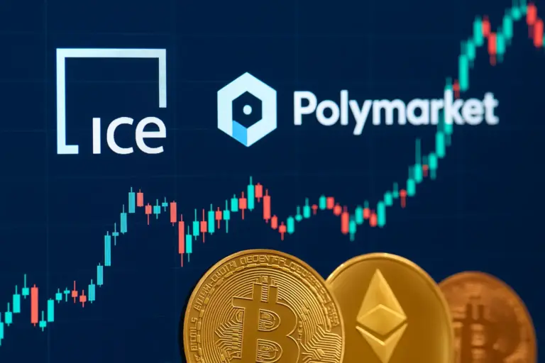 Digital image showing ICE and Polymarket logos with crypto coins and market chart, symbolizing finance and blockchain link.