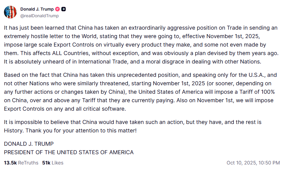 Trump threatens China with 100% tariffs