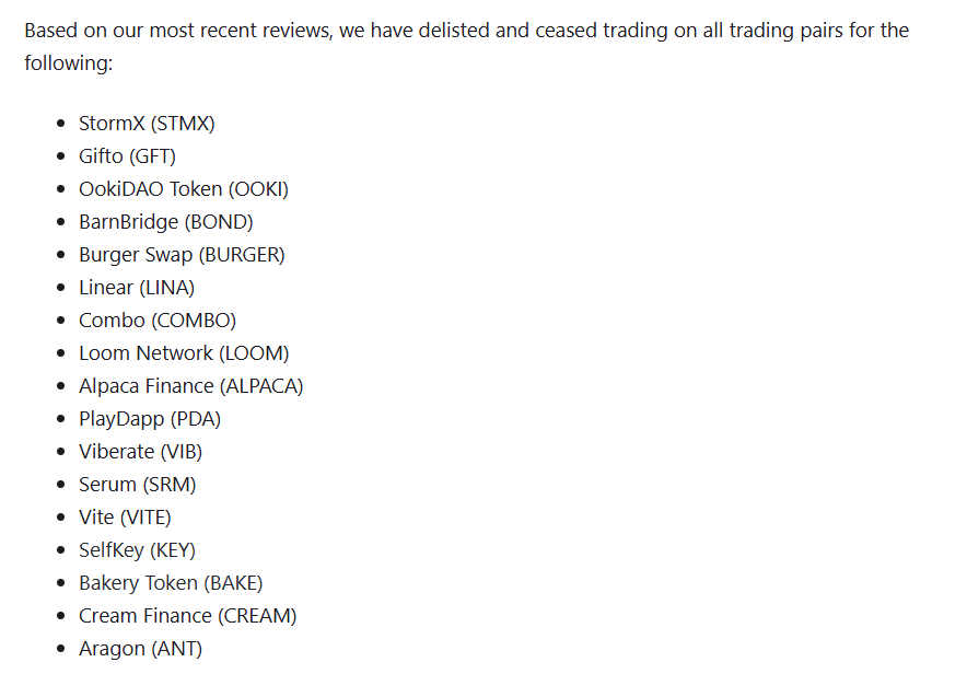 Tokens that have been delisted