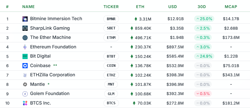 Top 10 largest corporate ETH holders
