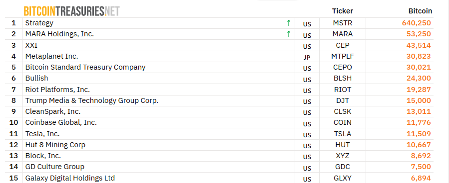 Top 15 biggest corporate Bitcoin holders