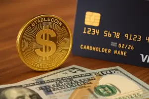 Stablecoin credit card concept showing a gold coin and payment card symbolizing Standard Chartered and DCS’s DeCard launch.