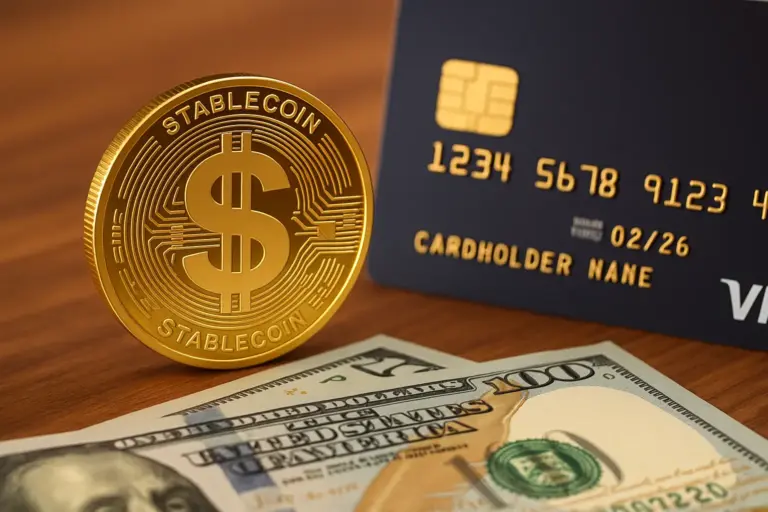 Stablecoin credit card concept showing a gold coin and payment card symbolizing Standard Chartered and DCS’s DeCard launch.