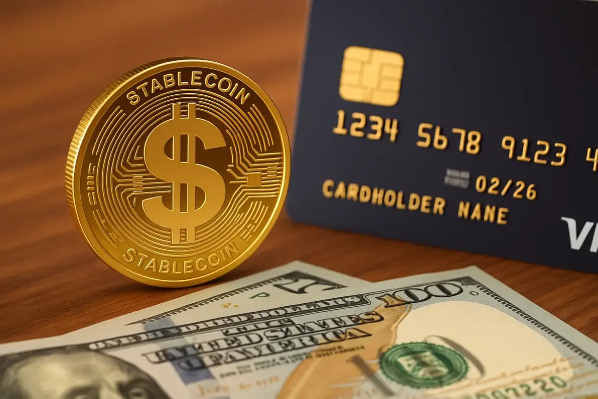 Stablecoin credit card concept showing a gold coin and payment card symbolizing Standard Chartered and DCS’s DeCard launch.