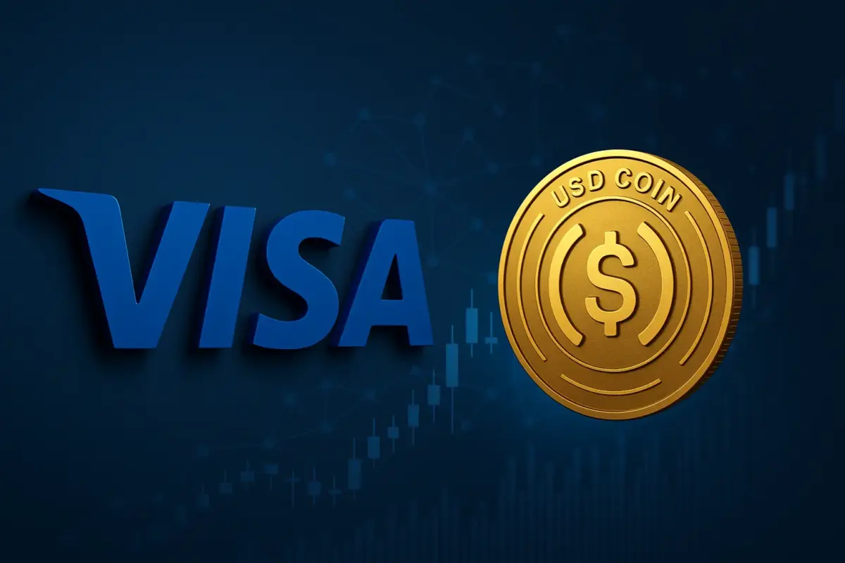 Digital illustration showing Visa and USDC coin, symbolizing blockchain payments and global stablecoin transactions.