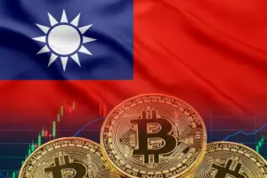 Taiwan flag with Bitcoin coins and market charts symbolizing Taiwan’s plan to explore Bitcoin as a national reserve asset.