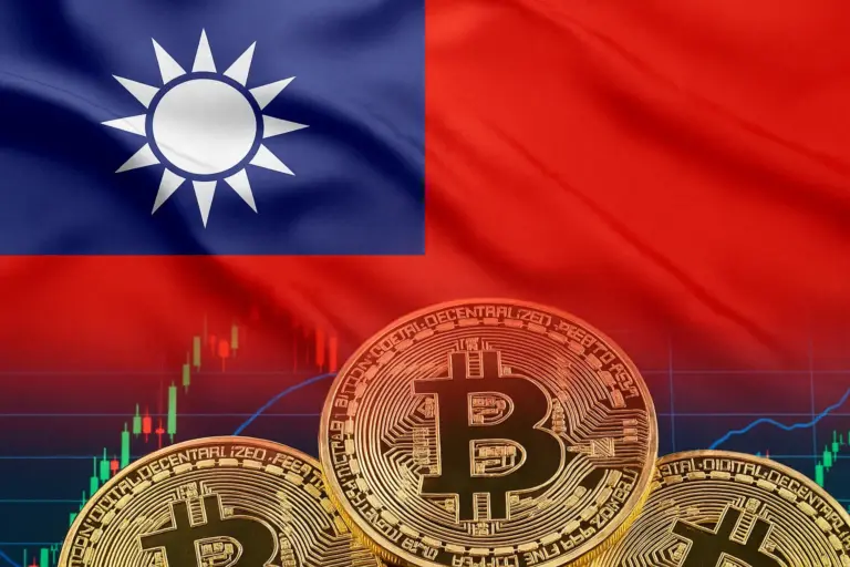 Taiwan flag with Bitcoin coins and market charts symbolizing Taiwan’s plan to explore Bitcoin as a national reserve asset.