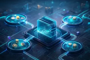 Shared-liquidity concept illustrated through a digital wallet linked to multiple DeFi pools, highlighting Aqua and 1inch liquidity innovation.