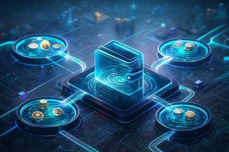 Shared-liquidity concept illustrated through a digital wallet linked to multiple DeFi pools, highlighting Aqua and 1inch liquidity innovation.